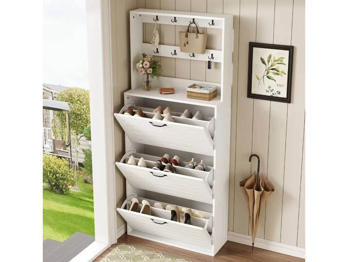 Armoire à chaussures avec 3 portes, étagère à chaussures, armoire à chaussures avec crochets, rangement pour chapeaux, sacs, peut contenir 15 paires de chaussures pour la maison