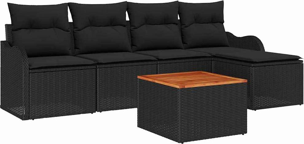 Modulares Gartensofa-Set, 6-teilig, für 5 Personen, Poly-Rattan Schwarz, wetterfest & UV-beständig, mit Kissen & Gartentisch