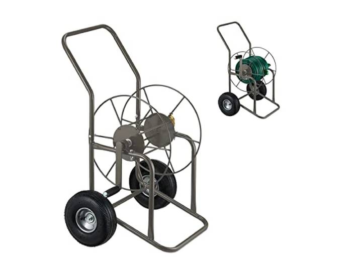 Relaxdays Dévidoir Tuyau d’arrosage\, Connexion 3/4’’\, Jusqu’à 80 m de Tuyau\, 2 Roues en Caoutchouc\, métal\, Brun