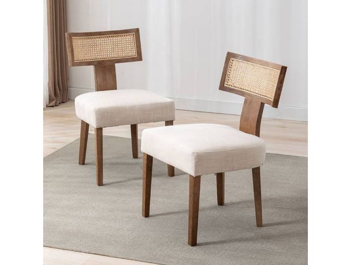 Wahson Lot de 2 Chaise Salle à Manger en Bois et Lin Chaise Médiévale Chaise Salle à Manger avec Coussin Épais Bois Naturel