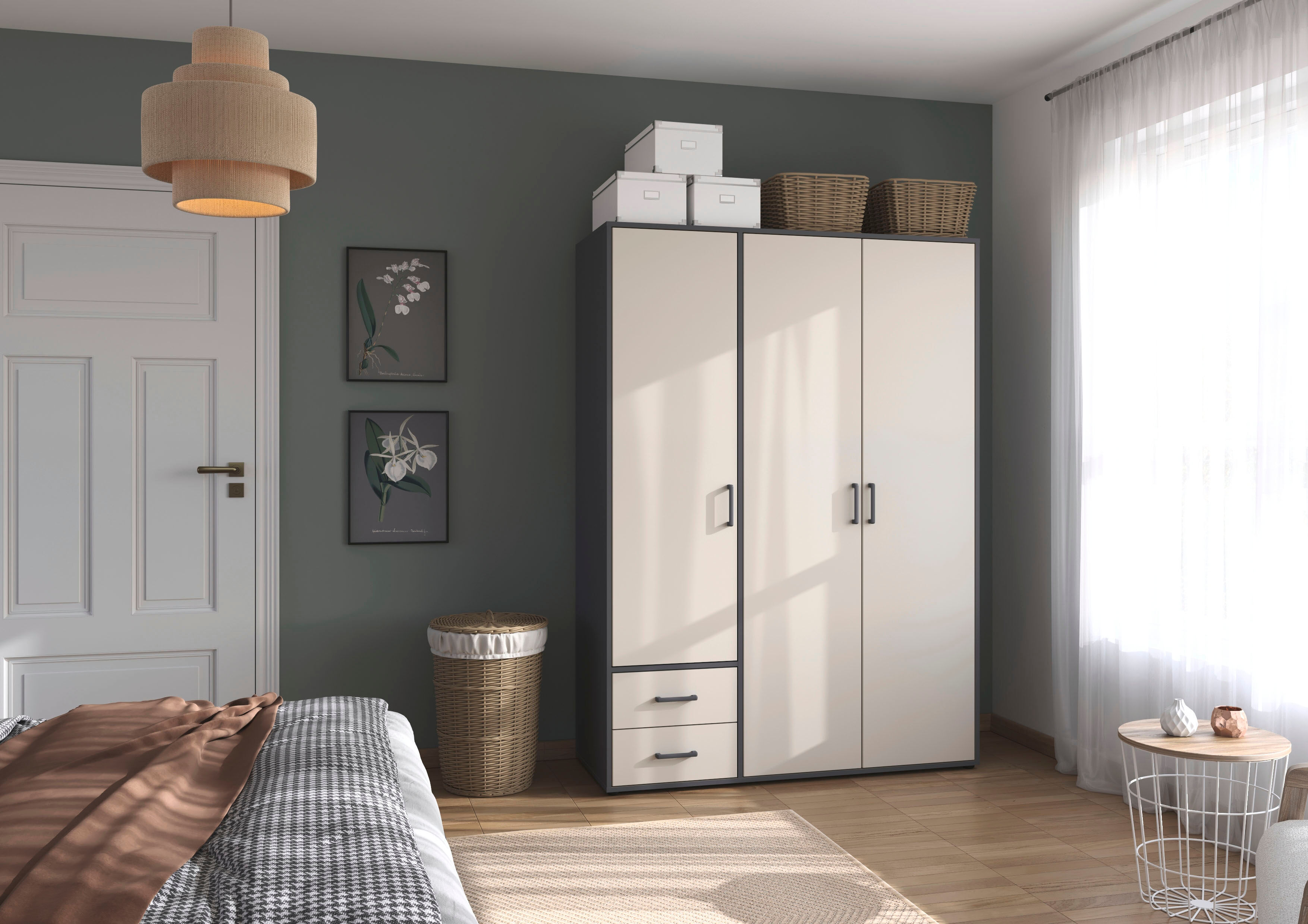 Drehtürenschrank RAUCH "Kleiderschrank Schrank Garderobe Wäscheschrank VOYAGER", beige (beige (champagner), graumetallic, griffe graumetallic), B:140cm H:194cm T:53cm, Holzwerkstoff, Schränke, Drehtürenschrank, mit 2 modernen Griffvarianten, mit Aussensch