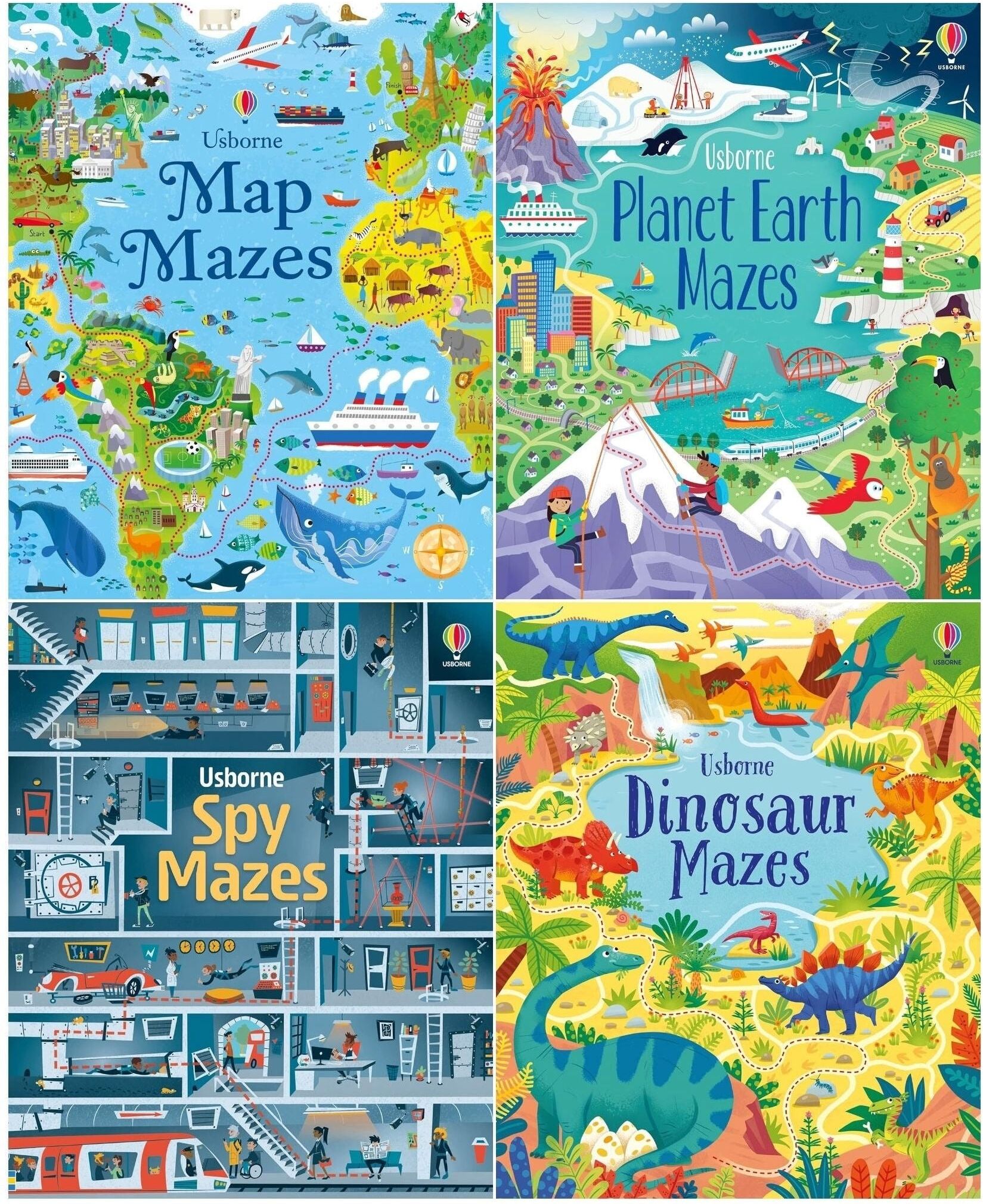 Usborne Mazes Series 4 Books Collection Set   Maps, Planet Earth, Spy & Dinosaur Mazes - Educational Maze Activity Set for Children