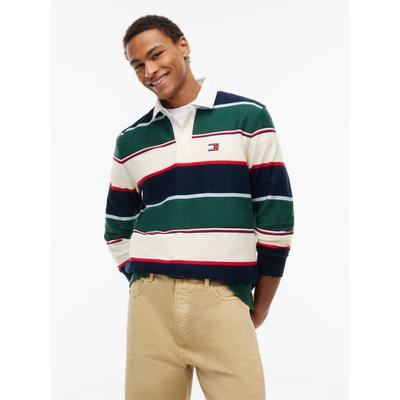 Rugbyshirt TOMMY JEANS "TJM RELAXED VARSITY STRIPE RUGBY", Herren, Gr. L, bunt (velvet grün stripe), Jersey, Obermaterial: 100% Baumwolle, relaxed fit normal, Bündchen, Shirts