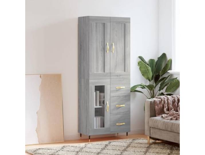 Elegantes Highboard mit Metallfüßen aus langlebigem Holzwerkstoff in Grau Sonoma – Modernes Design Schrank mit viel Stauraum für das Wohnzimmer und Sicherheitshinweis zur
