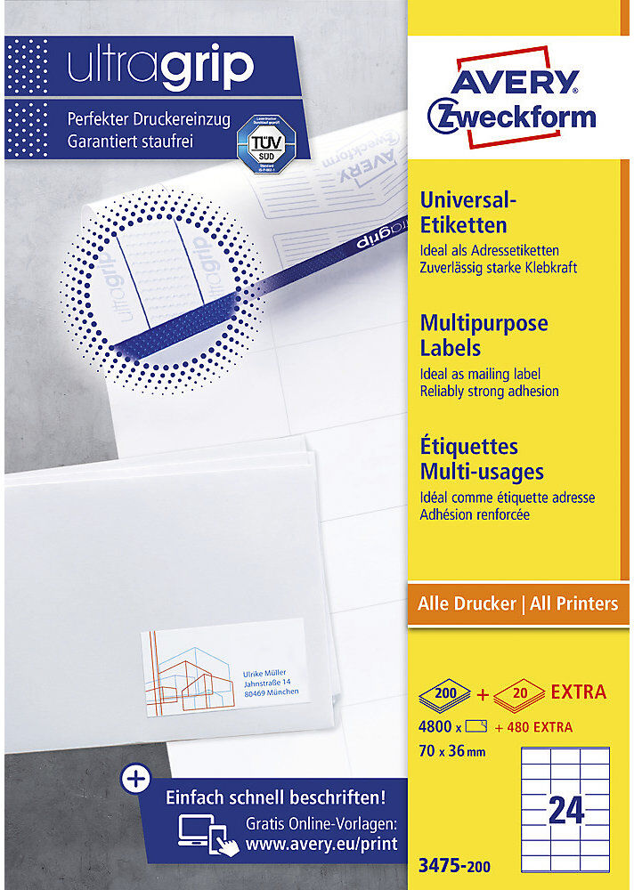 kaiserkraft Universaletiketten permanent, weiß, LxB 70 x 36 mm, 200 Bögen