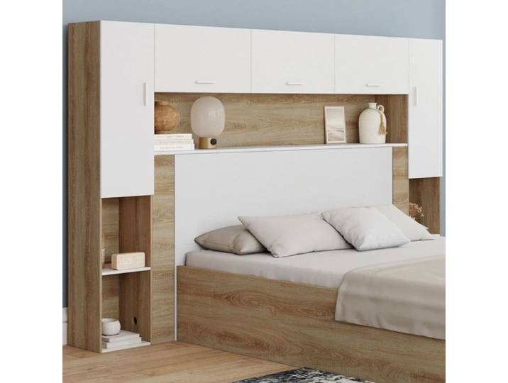 IDMARKET Pont de lit BRIDGET 226 cm avec rangements bois et blanc