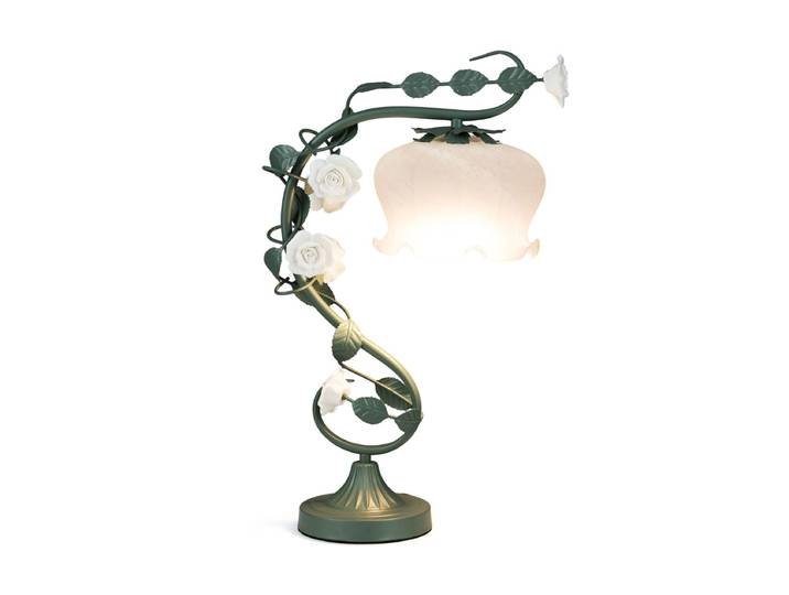 Vintage Bedlampje met een Glazen Kap in de Vorm van Lelietjes-van-dalen zes Keramische rozen en Metalen Bladeren