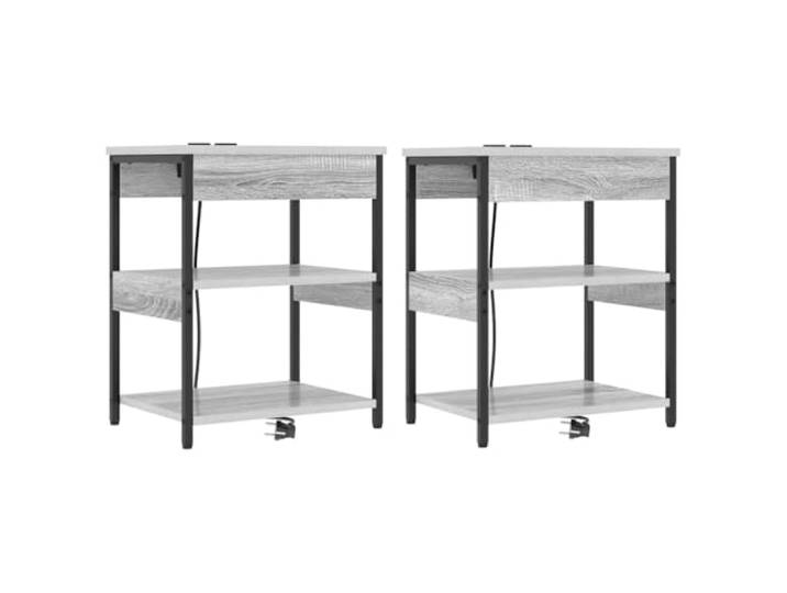 fsahslih Nachttisch 2er Set Graues Sonoma 41x31x51 cm Beistelltisch Praktischer Bettisch fürs Schlafzimmer mit integrierter Ladestation, Ablagefächern und robusten Stahlbeinen im Doppelpack.