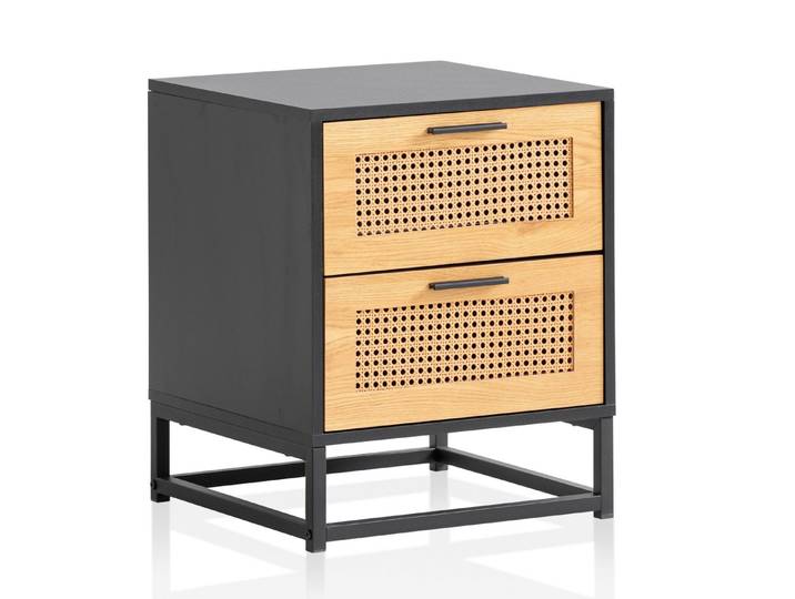 furnicato Nachttisch Nachtkästchen Wiener Geflecht 45x45x56 cm Schwarz-Braun, Nachttisch mit Wiener Geflecht, 2 Schubladen und Anti-Rutsch-Noppen