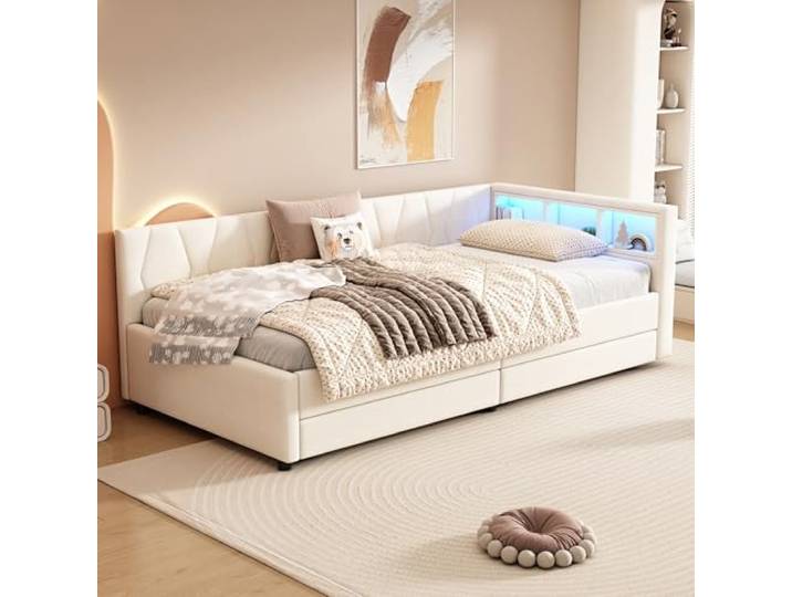 Merax Schlafsofa Tagesbett 90x200 cm mit Zwei Schubladen, LED-Lichtstreifen, USB+Type-C, Ablagefach am Bett, Bettrahmen mit Lattenrost (ohne Matratze), Leinen, Beige