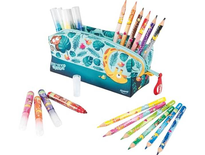 Maped Trousse Jungle Fever avec 12 feutres + 12 crayons - Créativité et couleur dans votre matériel scolaire - Espace efficace