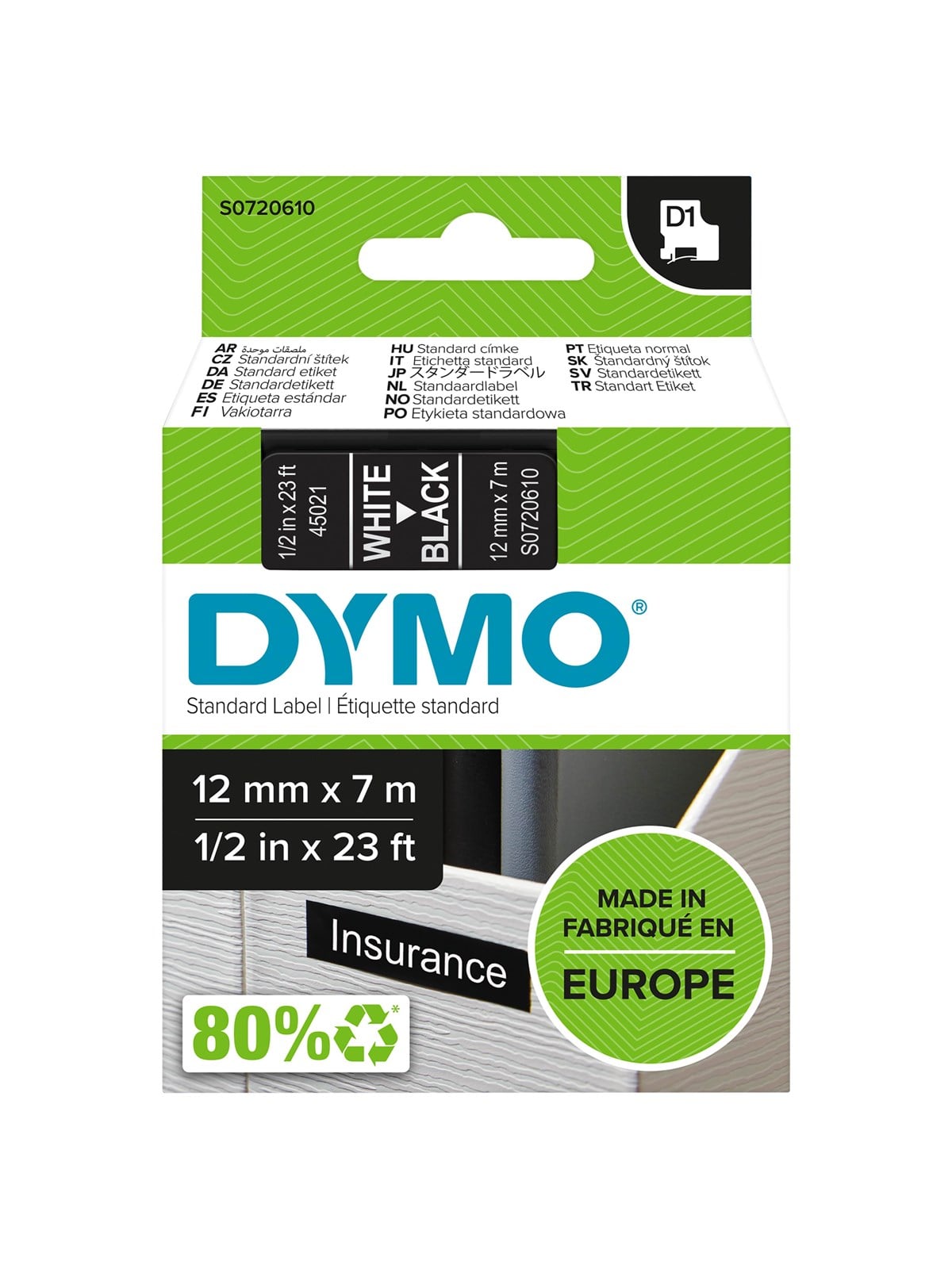 DYMO D1-Etikettenband | weiß auf schwarz | 12 mm x 7 m