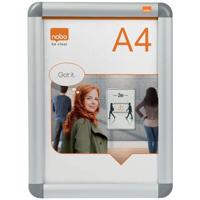 Nobo Premium Plus Plakatrahmen mit Klapprahmen, Größe A4, Wandbefestigung durch Eckmontage,Alu-Rahmen, Entspiegelte Kunststoff-Abdeckung, Silber