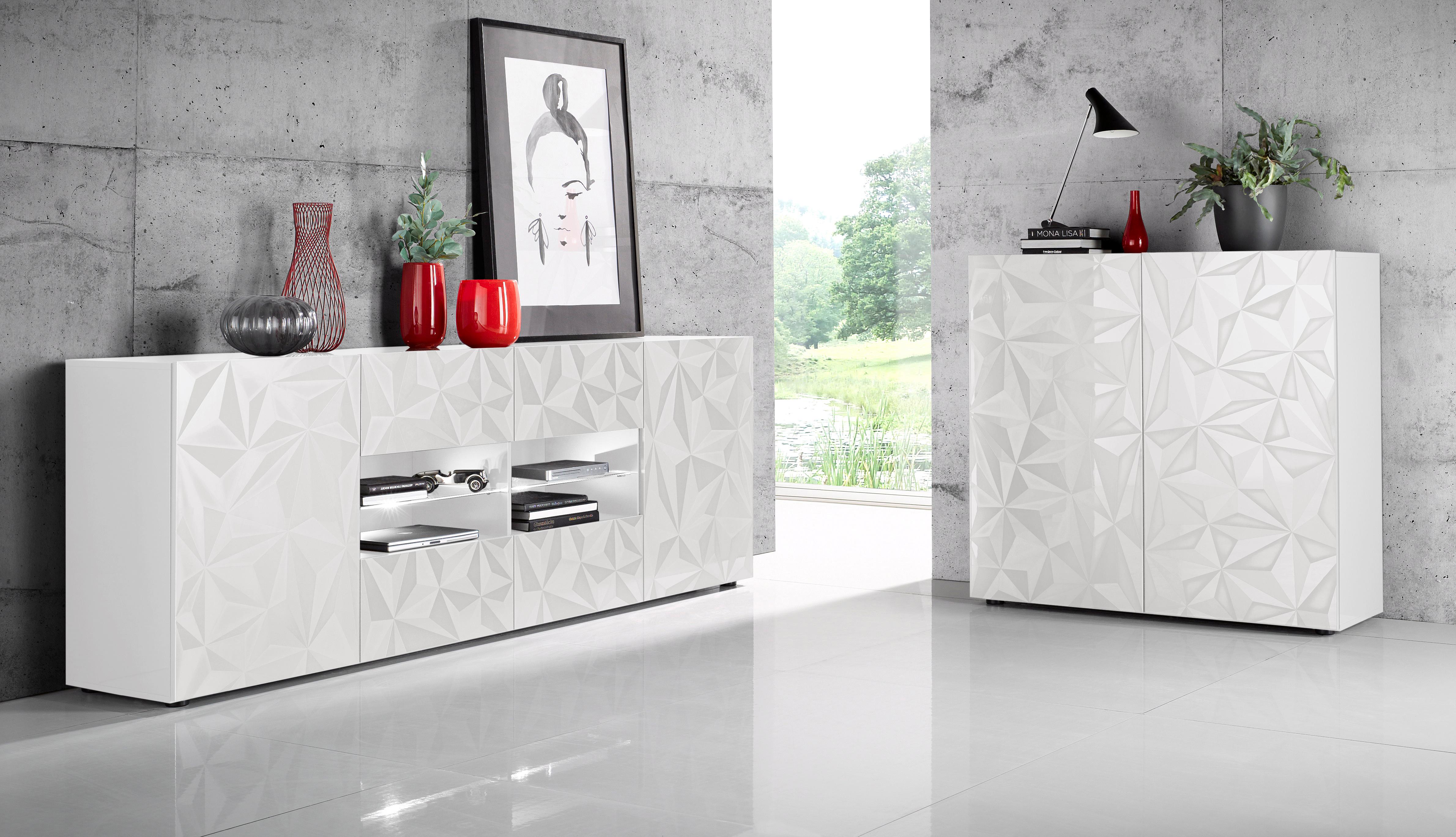 Sideboard HOME AFFAIRE "Prisma Breite 241, Kommode 2 Türen, 4 Schubkästen, Anrichte", weiß (weiß hochglanz lack, weiß mit siebdruck hochglanz lack), Sideboards, Sideboard, Front mit elegantem Siebdruck, grifflos, viel Stauraum, Topseller