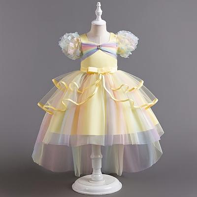 Blumenmädchenkleid Mädchen Formelle Kleidung Hochzeitskleidung Party Hochzeit Formell Mode Niedlich Prinzessin Patchwork Netz Regenbogen Prinzessin Kurze Ärmel Quadratischer Kragen Blau Gelb Ab 4