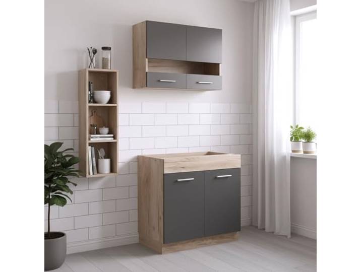 Homestyle4u Miniküche Küchenzeile 80 cm - Grau/Eiche ohne Geräte Singleküche mit Hängeschrank & Unterschrank – modular erweiterbar, inkl. Griffe & Montageanleitung