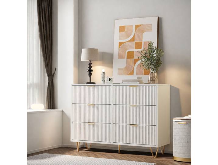 Commode Rosahqnda avec 6 tiroirs, Commode de chambre à coucher, Meuble de rangement avec tissu tissé, Style simple et élégant