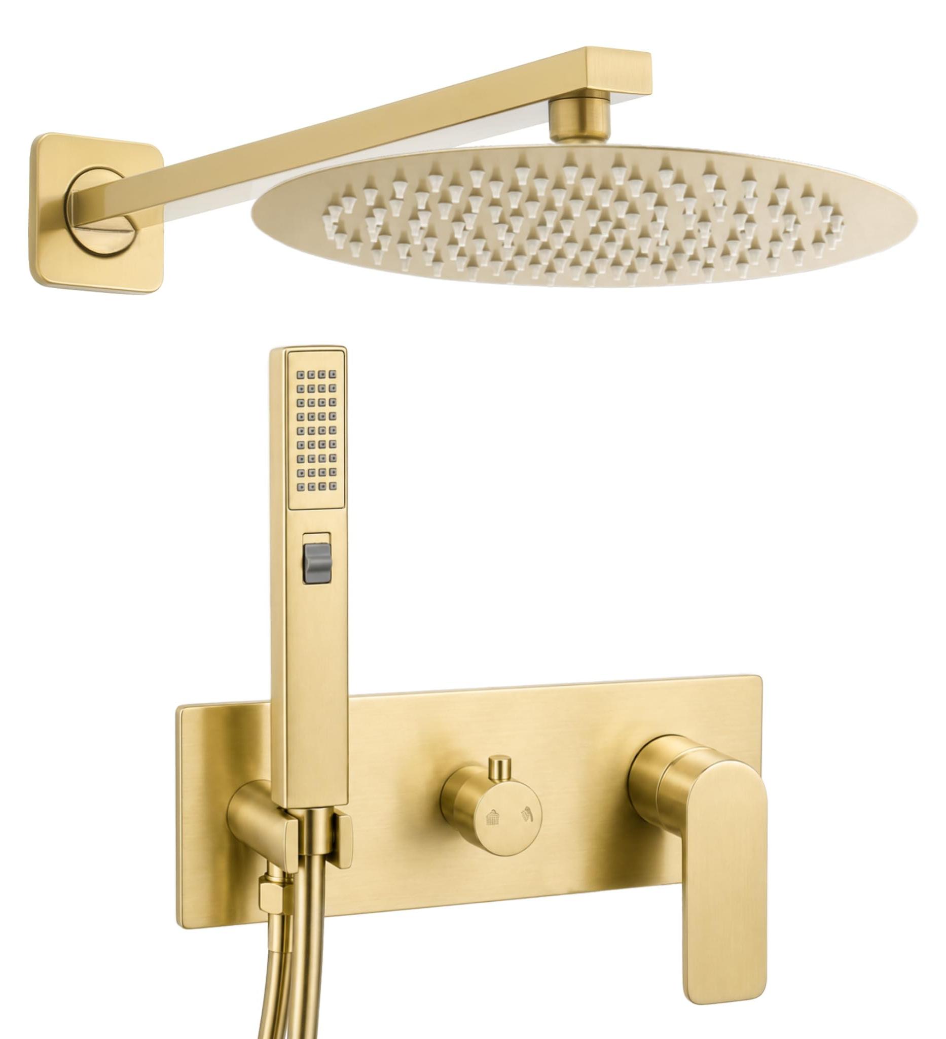 Inbaudusche 2-Wege, 25 cm Regenbrause, Handbrause, gebürstetes Gold