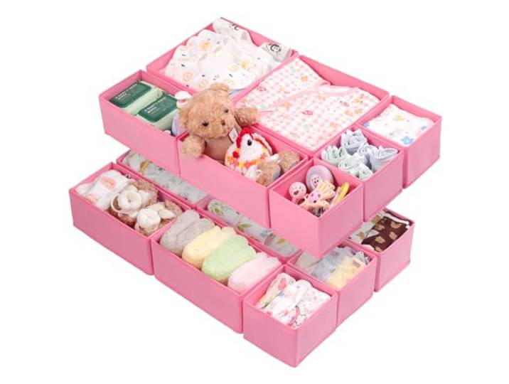 ORLISA Organisateur Tiroir 14 Pièces – Compatible Commode Malm\, Boîtes de Rangement Pliables en Tissu\, Séparateurs pour Vêtements\, Sous-vêtements\, Chaussettes et Bébé – Rose
