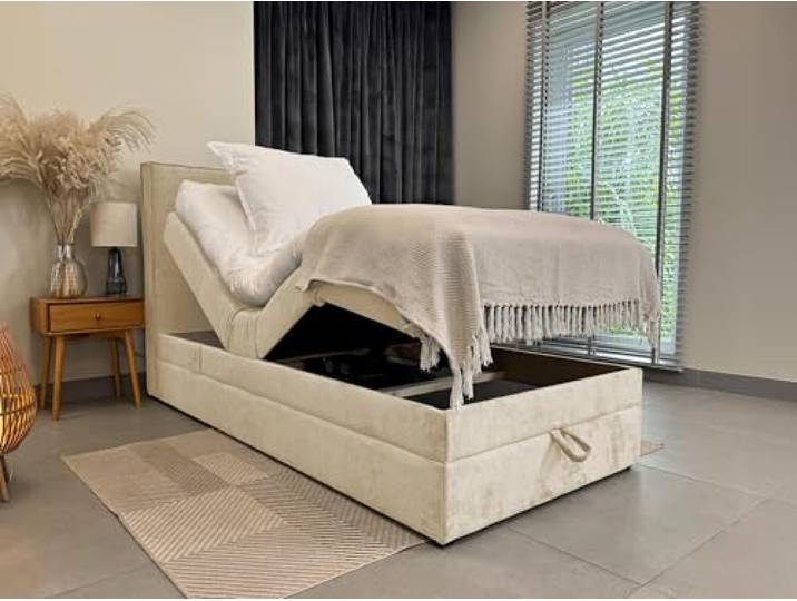 TRADA Boxspringbett 100 x 200 cm, Elektrische Bett mit Matratze, Beige SORRENTO, Bett mit Kopfteil, Topper und Bettkasten, Stoffbezug Veloursstoff