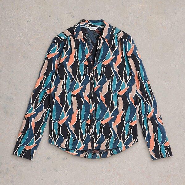 White Stuff Annie Collared Jersey Shirt Navy Print Size 8