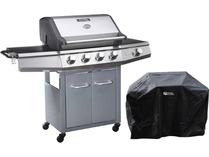 Barbecue gaz avec LED \ Bingo 5\ - 5 Brûleurs dont 1 latéral - 15.2kW + Housse protection - Argenté