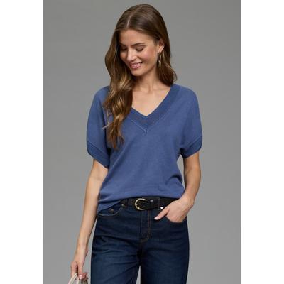Kurzarmpullover LAURA SCOTT "im sommerlichen Tshirt Schnitt", Damen, Gr. 40/42, blau (jeansblau), Feinstrick, Obermaterial: 70% Viskose, 30% Polyamid, unifarben, figurumspielend hüftlang, V-Ausschnitt, Pullover, mit dezentem Ajourmuster als...