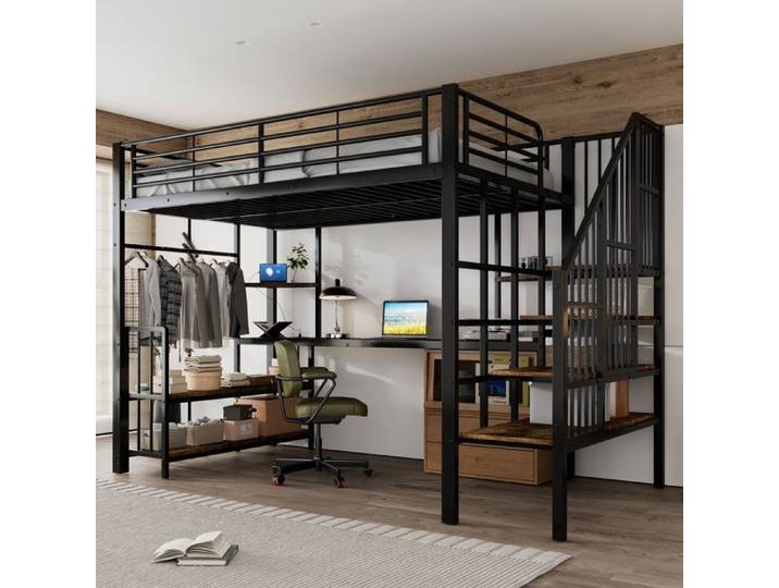Lit mezzanine en fer et MDF structure robuste avec échelle latérale rangements et porte-vêtements 120x200