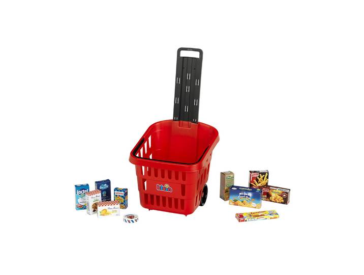Panier de courses à roulettes garni de boites de Marques Françaises connues