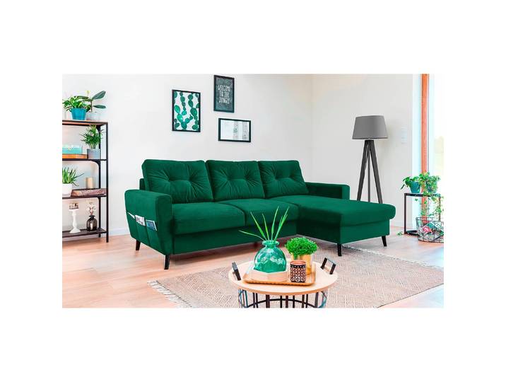Ecksofa mit Longchair Grün/Smaragdgrün Samt Krysia 223 x 90 x 148cm Longchair davorstehend rechts ohne Schlaffunktion Glamour