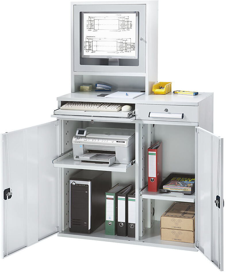 Computer-Arbeitsstation, Stahlblech, HxB 1770 x 1100 mm, mit Monitorgehäuse, Türfarbe Lichtgrau eurokraft pro