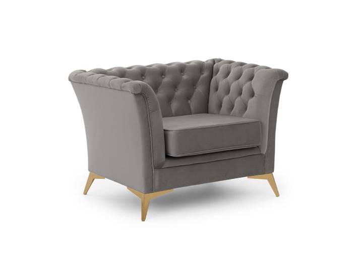 Fauteuil Chesterfield en velours gris avec pieds dorés
