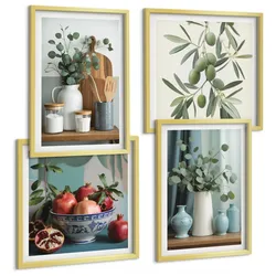 BILDER SET 4er Set - 50x50 cm & 40x60 cm Goldrahmen - Grüne Oliven, Eukalyptus