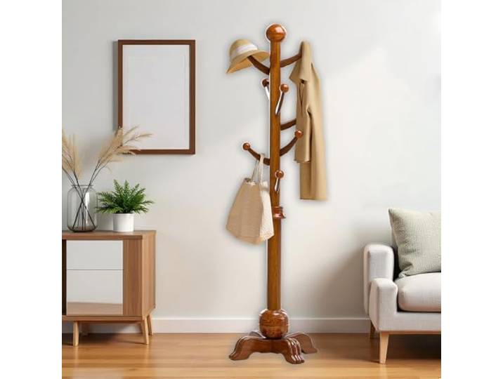 WPPTNSFY Garderobenständer aus Holz, Jackenständer mit 8 Haken, Kleiderständer mit Stabile Basis, Maximale Tragkraft 100 kg, für Hut, Kleidung, Handtaschen
