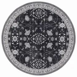 Teppich Kurzflor VERNANTE florale Ornamente Vintage Ø 120 cm Schwarz-Creme-Grau gekettelt waschbar 30 Grad Wartezone | Kadima Design