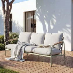 Aluminium-Gartenbank MCW-O11, Outdoor 3-Sitzer Sitzbank Sofa, Olefin Stoff (205 g/m2) 184cm ~ hellgrün Polster beige