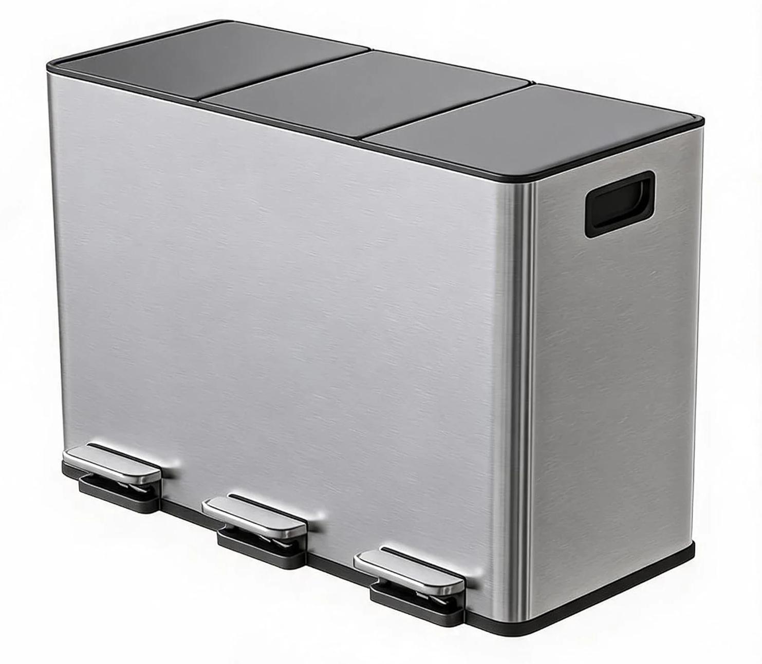 Küchen-Mülleimer - 3-fach Treteimer - 3 x 15 L (45 L) - Edelstahl - Farbcodierte Pedale und Inneneimer - Mülltrennung - Silber