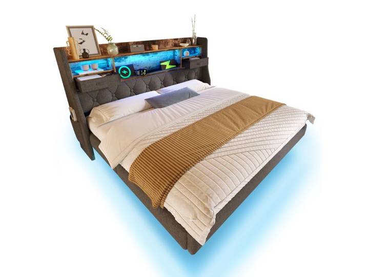 Lit double avec rangement 180x200 cm - EVRYAE avec LED et charge USB C tête de lit avec étagère sans Matelas - Gris