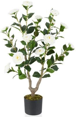 Costway 36 Inch Artificial Camellia Tree with Blooming Flower 1 Pack-White