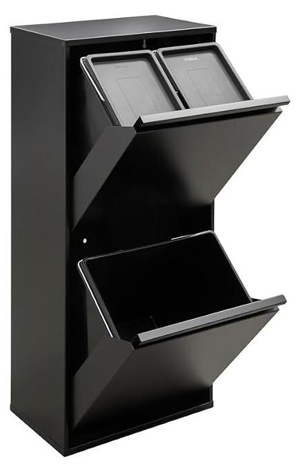 Basic CR406-B Mülltrennsystem aus Stahl | 3 Fächer Mülleimer für die Küche | 3 Fach Abfalleimer | 11+11+23 L (45 L) | Herausnehmbare Inneneimer | Recycling Schrank für Mülltrennung | schwarz