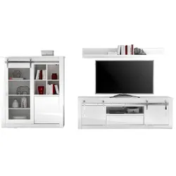 WOHNWAND weiß Hochglanz 3-teilig 349 x 170 cm, Wohnkombination inklusive LED-Beleuchtung, Soft-Close
