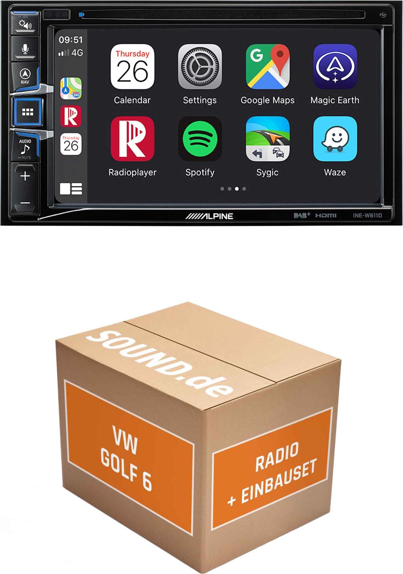 Autoradio Einbaupaket Alpine INE-W611D passend für Golf VI + Rückfahrkamera, statische Linien | Navigationssystem CD-/DVD-Laufwerk