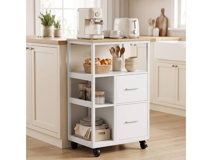 HOMCOM Chariot Cuisine 2 Tiroirs Compartiment Roulettes Verrouillables Blanc
