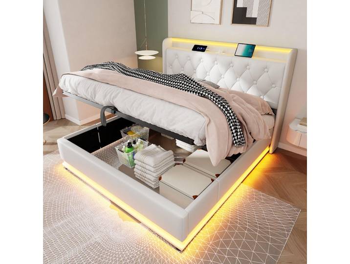 STILVORA Polsterbett 140x190cm mit 360-Surround-LED-Funktion,Doppelbett mit mit USB Typ-C Ladefunktion,Hydraulisches Lagerbett, gepolstertes Kopfteil,PU-Material (Ohne Matratze), Weiß