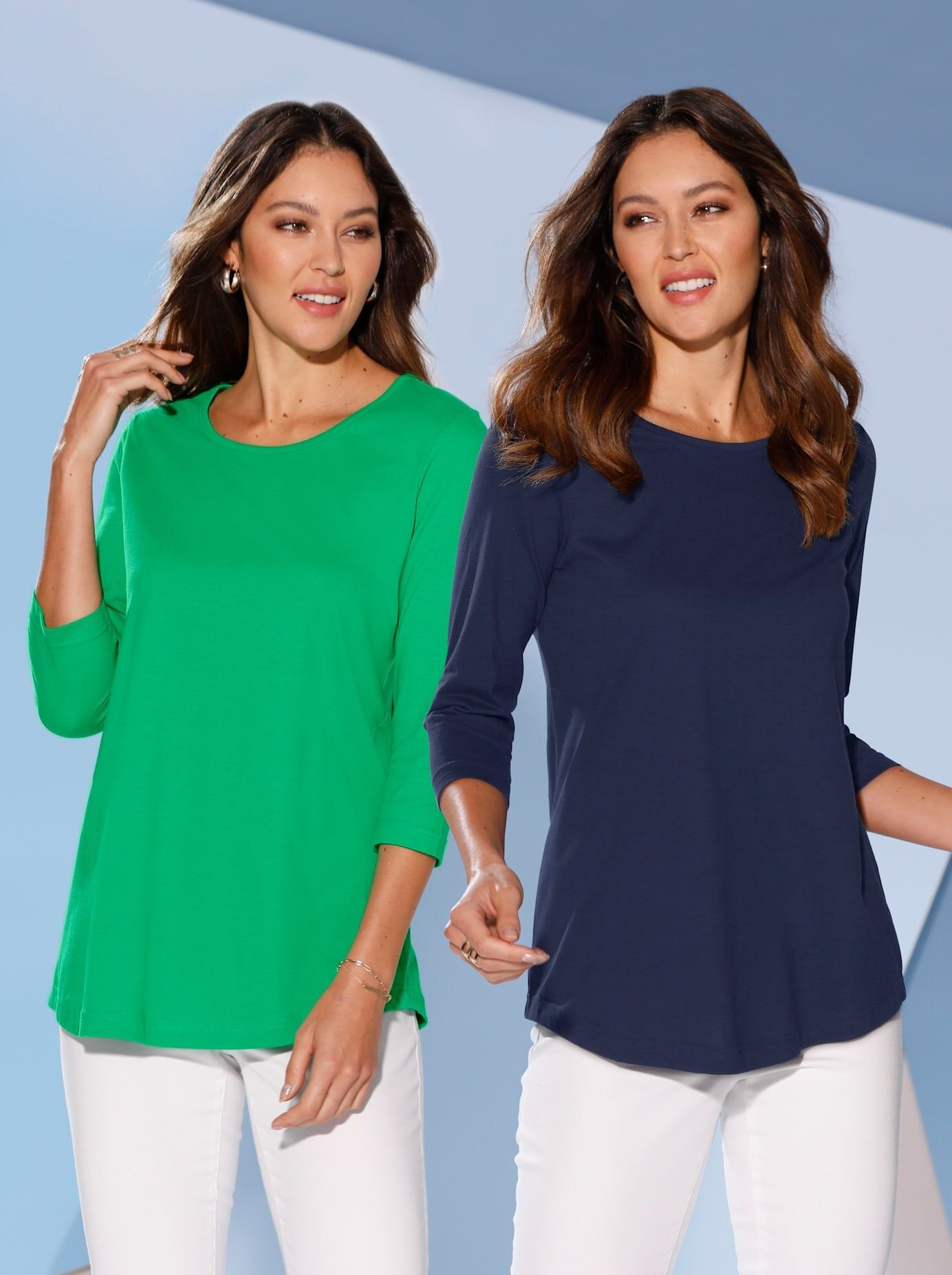 Longshirt CLASSIC BASICS "Doppelpack Shirts", Damen, Gr. 46, bunt (grasgrün, marine), 100% Baumwolle, unifarben, Rundhals, Shirts Longshirt grasgrün, marine 46