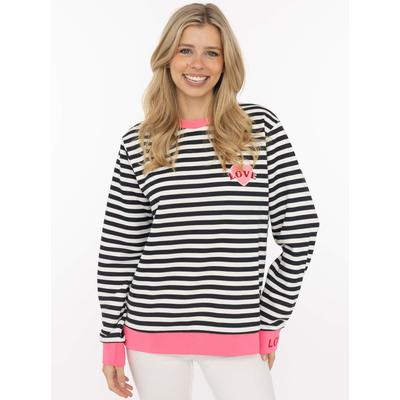 Sweatshirt ZWILLINGSHERZ "LOVE", Damen, Gr. S/M, schwarz-weiß (marine), Sweatware, Obermaterial: 50% Baumwolle, 50% Polyester, Sweatshirts Sweatshirt, gestreift, Rundhals, pinke Bündchen, LOVE Schriftzug