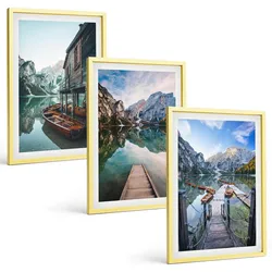 BILDER SET 3er Set - 40x60 cm Goldrahmen - See Berge Holzboote