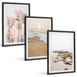 BILDER SET 3er Set - 40x60 cm Schwarzer Rahmen - Strandgras, Wellen, Steine, Boho-Stil