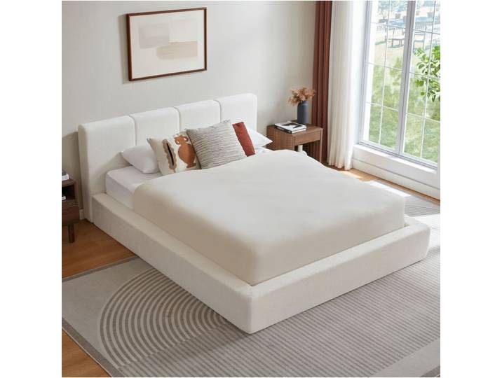 MEUBLIV Cadre de lit 160x200 cm rembourré tête de lit capitonnée structure en acier renforcé blanc crème