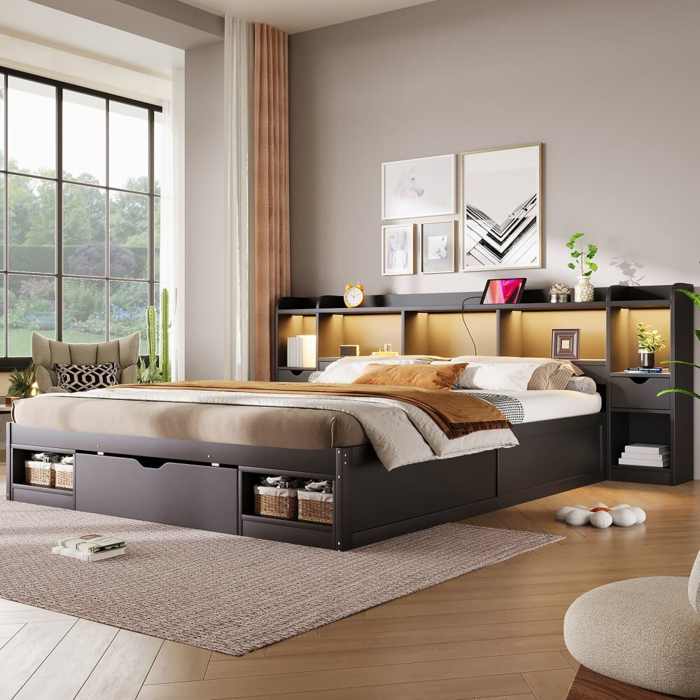 KOMHTOM Lit plateforme en pin noir 180x200 cm Noir 199x85x250cm